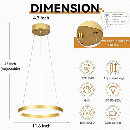 12" Gold Led Ring Chandelier Ring Modern Led Chandelier Modern Pendant Lights Adjustable Height Light Contemporary Light Fixture for Kitchen Island Bedroom Kitchen Island Dining Room