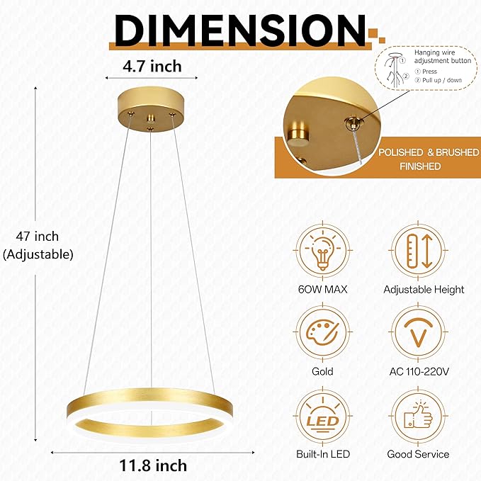 12" Gold Led Ring Chandelier Ring Modern Led Chandelier 3 Pack Modern Pendant Lights Led Pendant Lights Adjustable Height Light Contemporary Light Fixture for Kitchen Island Dining Room