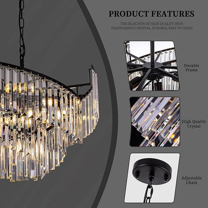 TOCHIC Modern Black Crystal Chandelier for Dining Room, 24" 7-Light Farmhouse Ceiling Light Fixture with Spiral Design, Pendant Light Fixtures for Living Room, Entryway, Foyer, Kitchen Island