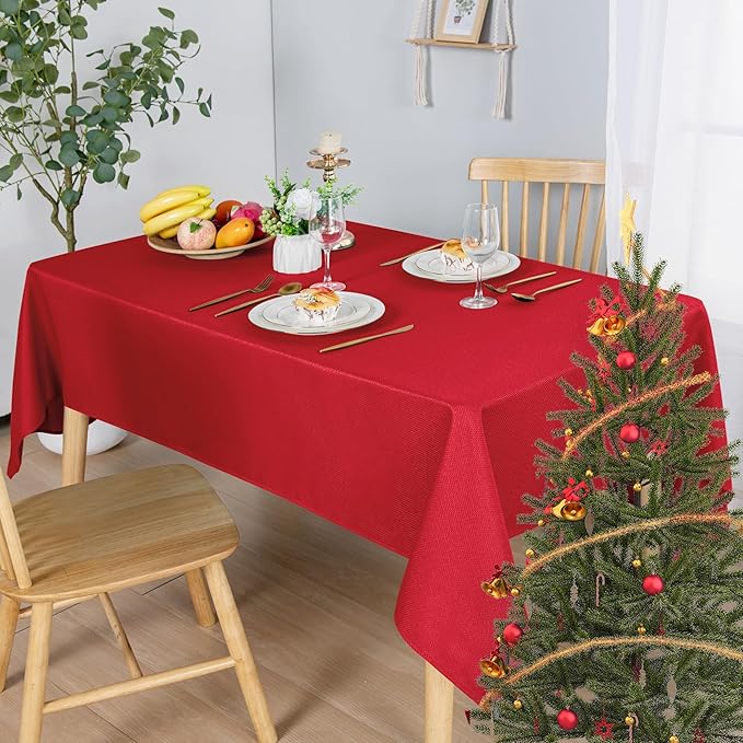 Hiasan 60 X 120 Inch Rectangle Textured Tablecloth - Waterproof Spillproof Antiwrinkle Jacquard Table Cloth for Kitchen and Dining Dinner, Outdoor Picnic, Holiday and Parties, Red