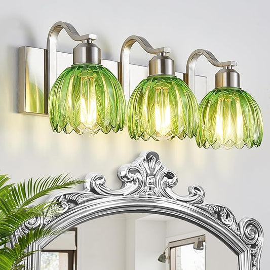 3-Light Vanity Lights with Green Tulip Glass Shade, Brushed Nickel Bathroom Lighting Fixture Over Mirror, Vintage Vanity Wall Sconce Lamp for Kitchen Living Room Hallway