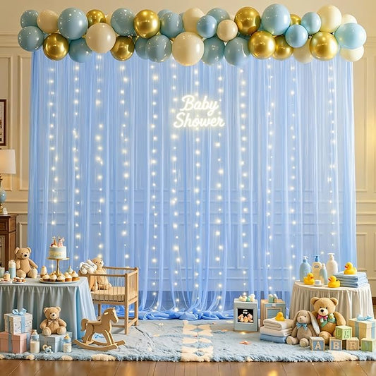 10×15ft Baby Blue Sheer Tulle Backdrop Curtains with Lights String for Parties Baby Shower Decorations for Boy Bridal Shower Birthday Party Photo Shoot Background Wall Decorations 2 Panels 5×15ft