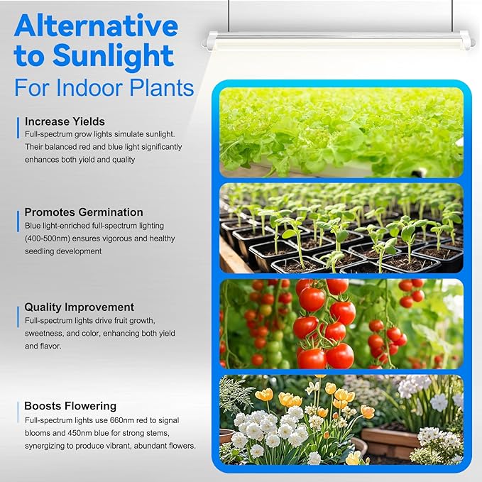 JESLED 4FT Waterproof Grow Lights for Indoor Plants, Sunlight Full Spectrum 5000K LED for Seed Starting, Seedling & Vegetables, 288W(6 X 48W,1800W Equiv), Linkable Grow Light Strip with Switch, 6P