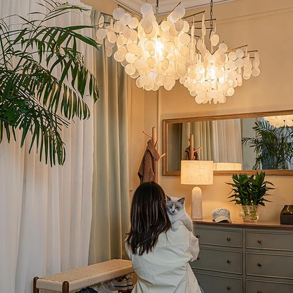 ALOADECOR 6-Light 30" Cone Shape 5-Tier Coastal Capiz Shells Chandelier with Antique Gold Metal Farmhouse Natural Seashell for Dining Room Living Room