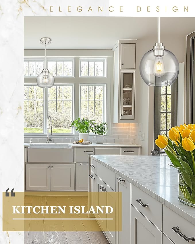 Pendant Lights Kitchen Island, 8" Brushed Nickel Pendant Light Fixtures with Globe Clear Glass Shade, Modern Kitchen Island Lighting for Bathroom, AD-22280-1PL-SN