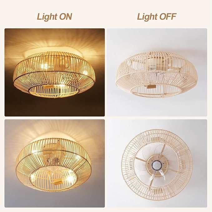 20'' Boho Rattan Ceiling Fan with Light, Coastal Caged Ceiling Fans with Lights and Remote Control, Enclosed Hidden Flush Mount with Reversible 6 Speeds for Living Room Bedroom Nursery
