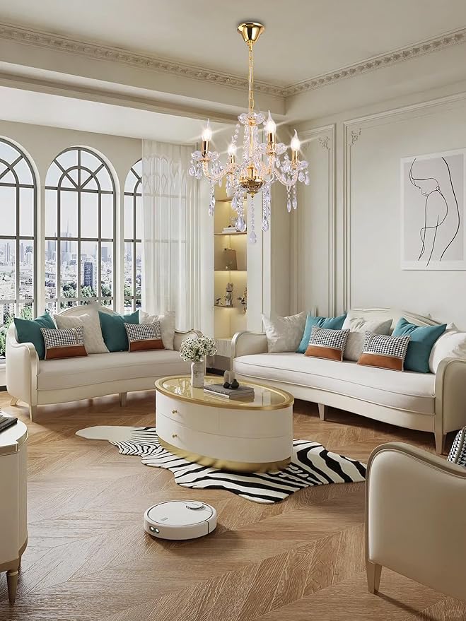 MALOSA Small Gold Crystal Chandeliers,Classic 4 Lights Mini Chandelier,Antique Candle Glass Chandelier for Dining Room,Girls Bedroom,Living Room