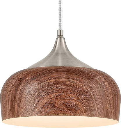 ELYONA Brushed Nickel Pendant Light Wooden Pattern Dome Pendant Light Fixture Nickel Metal Modern Adjustable Hanging Lighting for Kitchen Island Dining Room Office Hallway Foyer Bedroom, 12 Inch