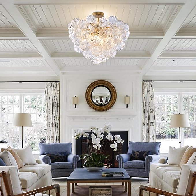 Longree Bubble Ball Semi Flush Ceiling Light Fixtures, Dia 20 inch Gold and Clear Blown Glass Small Swirled Glass Chandelier for Bedroom Study Bathroom Dining Room