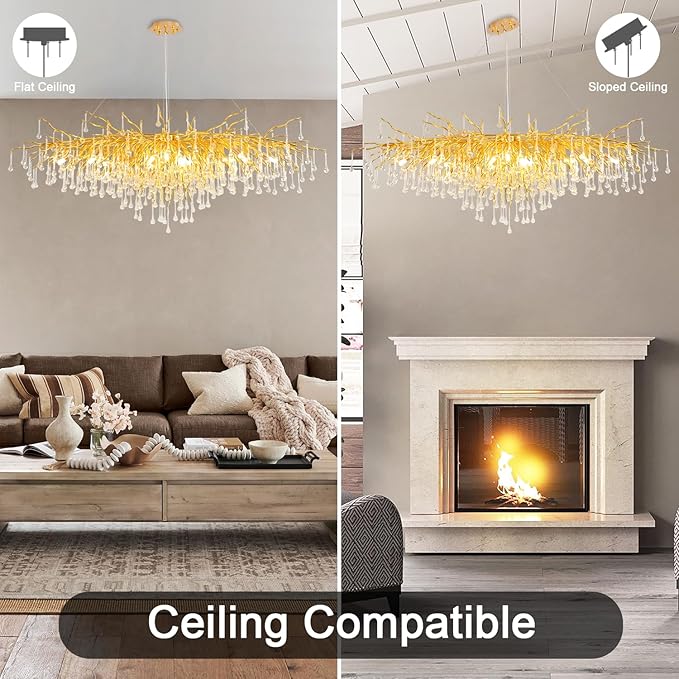 Crystal Chandelier for Dining Room - Modern Farmhouse Crystal Gold Chandelier, Raindrop Tree Branch Chandeliers for Living Room, Bedroom, Entryway, Foyer, High Ceiling (Bulb not Included)