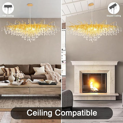 Crystal Chandelier for Dining Room - Modern Farmhouse Crystal Gold Chandelier, Raindrop Tree Branch Chandeliers for Living Room, Bedroom, Entryway, Foyer, High Ceiling (Bulb not Included)