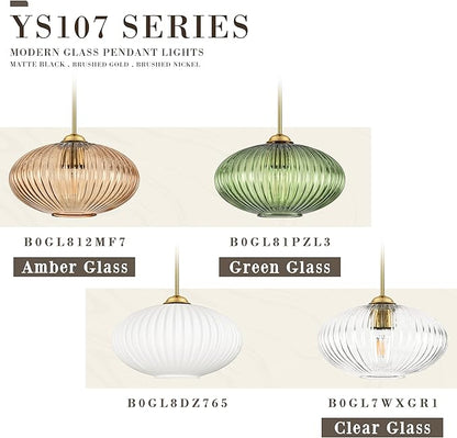 10" Green Glass Modern Pendant Light Kitchen Island Brushed Gold Mid Century Modern Pendant Lighting with Clear Green Glass Hanging Pendant Light for Dining Room（Bulb Incl.）