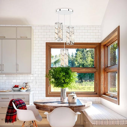 3-Light Chrome Pendant Lights Modern Pendant Light Fixture, Mini Crystal Pendant Ceiling Light, Pendant Light for Kitchen Island, Dinning Room, Bedroom, Kitchen Sink Lighting (3 Lights)