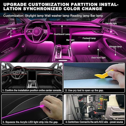 Acrylic Interior Car LED Strip Light with APP, RGB 6 in 1 with 175 inches 600 LEDs Fiber Optic Ambient Lighting Kits, 16 Million Colors Sound Active Function Car Neon LED Strip for Car