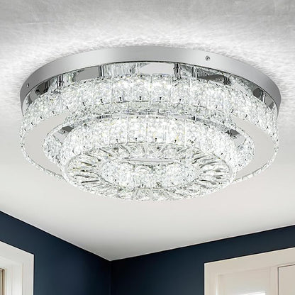 HOPGGIE 18“ Crystal Chandelier 2-Layer Ceiling Light Fixture Flush Mount LED Large Chandelier Light for Living Room Dining Room Bedroom (Cool White)