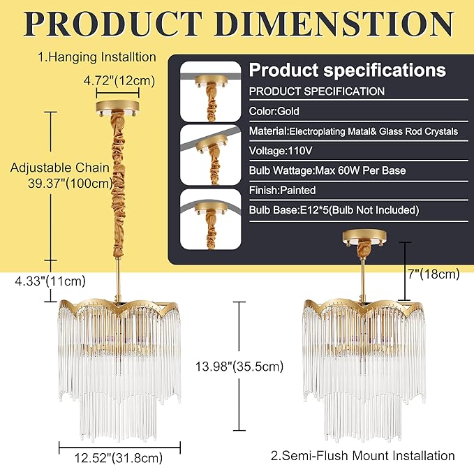 12.52" Gold Clear Glass Crystal Pendant Light 5-Light Modern Crystal Pendant Ceiling Light Fixture 2-Tier Luxury Glass Chandeliers,for Dining Room Kitchen Island Living Room Bedroom