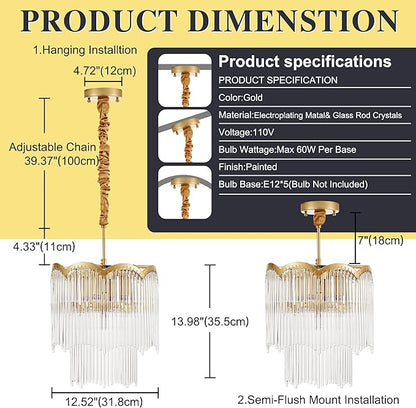 12.52" Gold Clear Glass Crystal Pendant Light 5-Light Modern Crystal Pendant Ceiling Light Fixture 2-Tier Luxury Glass Chandeliers,for Dining Room Kitchen Island Living Room Bedroom