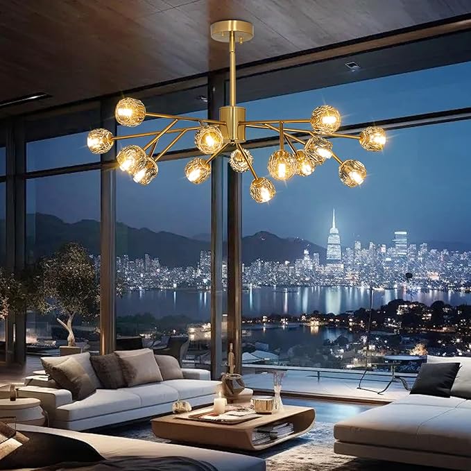 Depuley Sputnik Chandelier for Dining Room: 15-Light Ceiling Light Fixture Height Adjustable - Mid Century Gold Chandelier for Bedroom Living Room Kitchen Over Table Foyer (Included G9 Bulbs)
