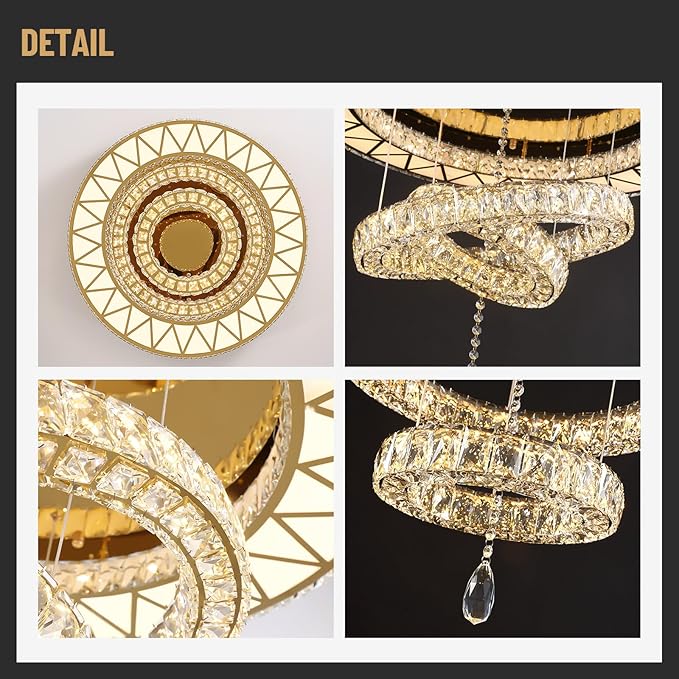 Siljoy 32" Gold Crystal Chandeliers, 3 Rings LED Flush Mount Ceiling Light, Dimmable Foyer Chandeliers for Living Room Dining Room Staircase, D12-18-32"