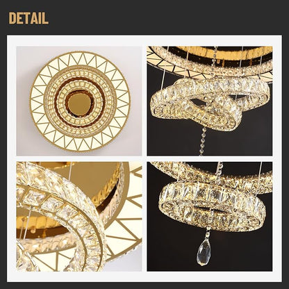 Siljoy 32" Gold Crystal Chandeliers, 3 Rings LED Flush Mount Ceiling Light, Dimmable Foyer Chandeliers for Living Room Dining Room Staircase, D12-18-32"