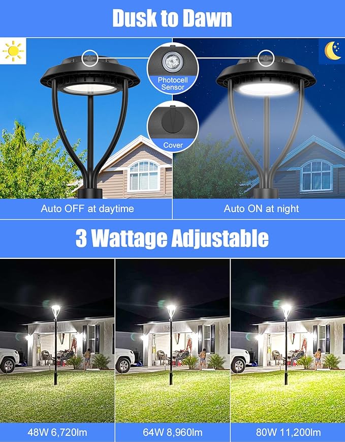 KUKUPPO 2Pack 80W LED Post Top Light 80W/64W/48W Wattage Selectable ETL Listed 11200Lm LED Post Pole Top Light Dusk to Dawn IP65 Waterproof for Outdoor Commercial Pole Light Fixture AC100-277V