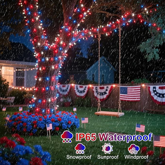 Red White and Blue String Lights, 66FT 200 LED 4th of July Lights Outdoor Waterproof, 8 Modes Connectable Plug In Patriotic Decorations Light for Indoor Independence Memorial Day Party Holiday