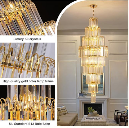 Luxury Modern Gold 9-Tier Crystal Chandelier for High Ceiling Foyer Staircase Large Entryway Light Fixture Dia23.7 20 Lights