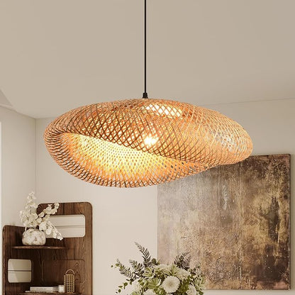 19.7in Farmhouse Bamboo Pendant Light Rattan Woven Chandelier for Dining Room Boho Lights Fixture Kitchen Island Wicker Hanging Lighting for Restaurants Breakfast Nook Foyer Entryway Porch