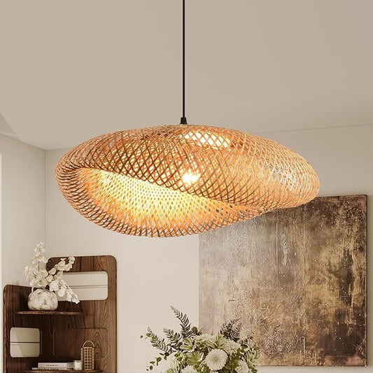 19.7in Farmhouse Bamboo Pendant Light Rattan Woven Chandelier for Dining Room Boho Lights Fixture Kitchen Island Wicker Hanging Lighting for Restaurants Breakfast Nook Foyer Entryway Porch