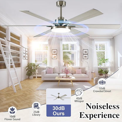 DIAMONDFORGE 72 Inch Ceiling Fans with Lights and Remote Control,Indoor/Outdoor Flush Mount Low Profile Commercial Reversible Dimmable Ceiling Fans for Living Room Patio Industrial Shop,White Silver