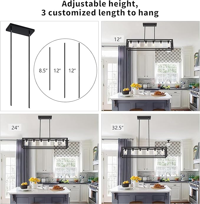 Farmhouse Dining Room Light Fixture - 6 Light Kitchen Island Lighting with Adjustable Height & Thickened Metal Dining Room Light Fixture Over Table，Chandeliers for Dining Room&Kitchen Island