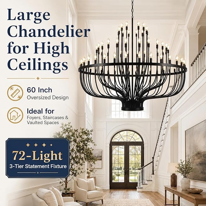 Shandaglo 60 Inch Black Wagon Wheel Chandelier for High Ceilings, 72-Light 3-Tier Extra Farmhouse Foyer Light Fixture, Large Round Pendant for Entryway Staircase Dining Room