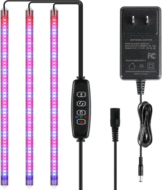 iPower 40W Full Spectrum LED Plant Grow Light Strips for Indoor Plants with Auto ON/Off 3/9/12H Timer, 10 Dimmable Levels 48 LEDs Per Tude, for Hydroponics Succulent, 3 Tubes, Red&Blue