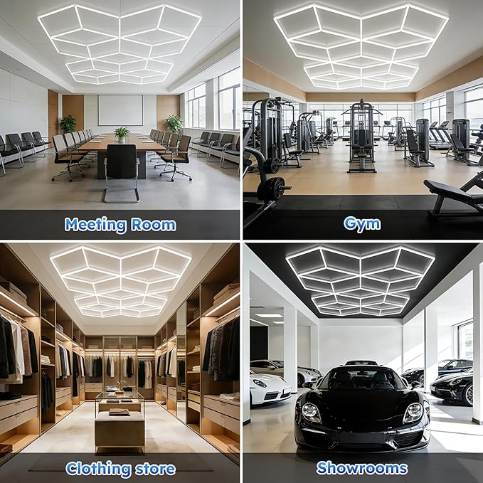 ALLYES Hexagon Garage Lights, LED Honeycomb Garage Lights, 338W 40560LM 6500K, 21 Rhombus Car Detailing Lighting for Workshop Showroom Basement Gym