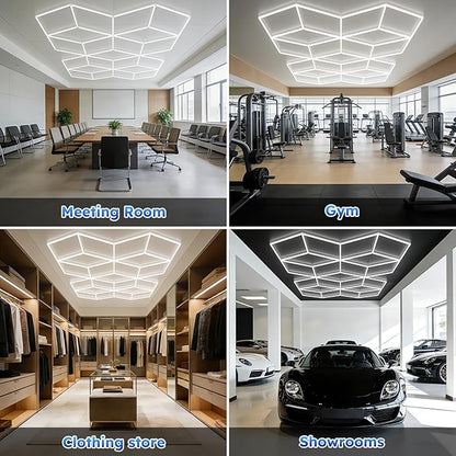 ALLYES Hexagon Garage Lights, LED Honeycomb Garage Lights, 338W 40560LM 6500K, 21 Rhombus Car Detailing Lighting for Workshop Showroom Basement Gym