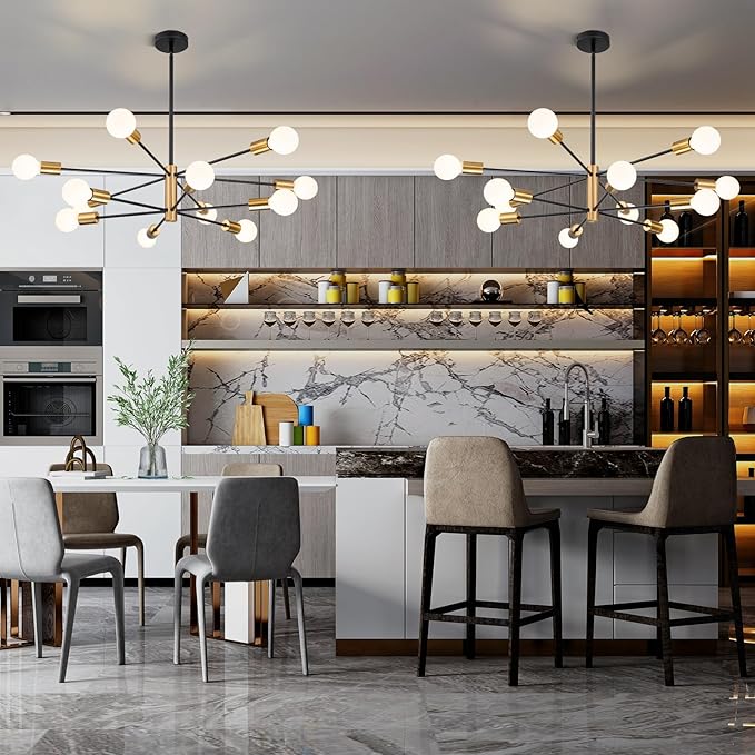 SINERISE Modern Sputnik Chandelier Light Fixture, 12-Light Chandelier Ceiling Light Fixture Black and Gold Mid Century Chandelier Height Adjustable for Kitchen, Living Room, Bedroom, Hallway and Foyer