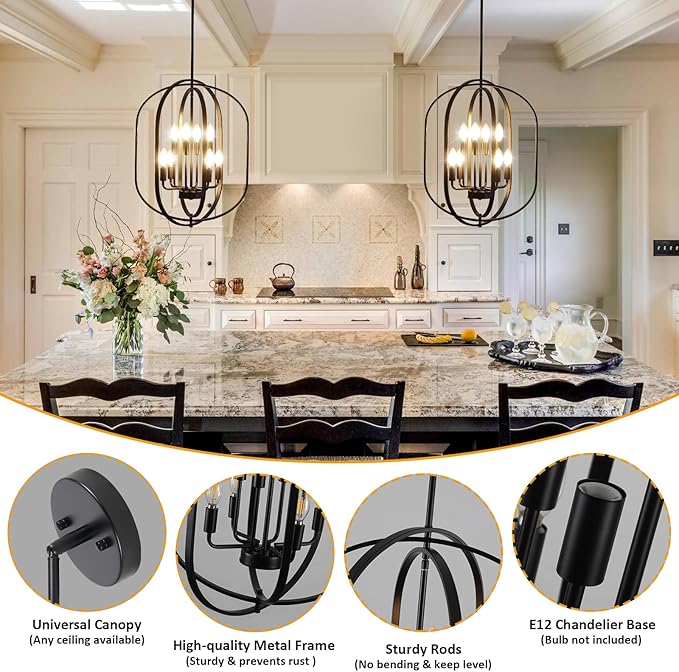 Black Chandelier for Dining Room Light Fixture, 8-Light Foyer Lighting Fixtures Adjustable Pendant Lights Kitchen Island Rustic Modern Farmhouse Chandelier for Entryway, Living Room, Foyer, Bedroom