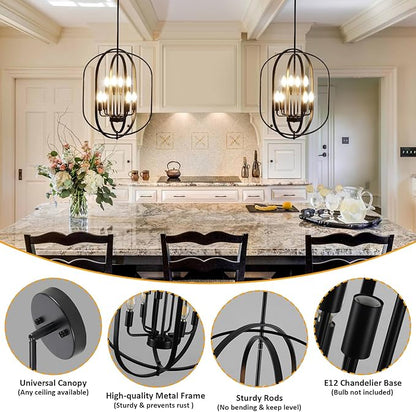 Black Chandelier for Dining Room Light Fixture, 8-Light Foyer Lighting Fixtures Adjustable Pendant Lights Kitchen Island Rustic Modern Farmhouse Chandelier for Entryway, Living Room, Foyer, Bedroom