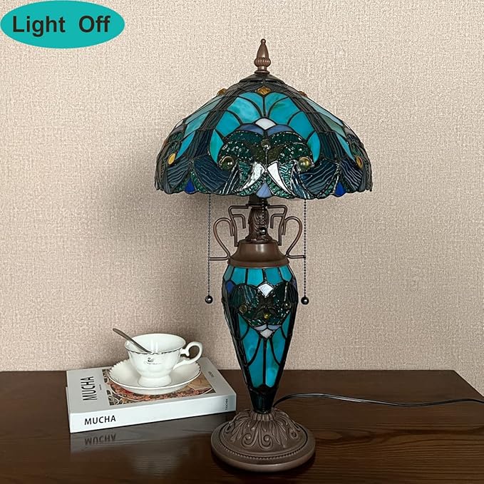 Tiffany Table Lamp with Nightlight Sea Green 3 Lights Stained Glass Desk Lamp for Reading Antique Nightstand Table Light for Living Room Bedroom Entryway