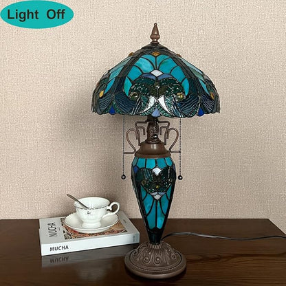Tiffany Table Lamp with Nightlight Sea Green 3 Lights Stained Glass Desk Lamp for Reading Antique Nightstand Table Light for Living Room Bedroom Entryway