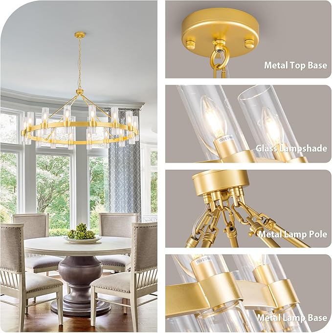 48 Inch Gold Chandelier, Wagon Wheel Chandelier with Glass Shade, 16-Lights Large Round Modern Farmhouse High Ceiling Pendant Lighting Fixtures for Dining Living Room, Kitchen Island, Foyer