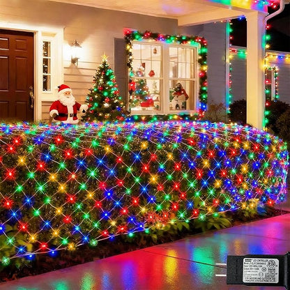Colorful Net Lights Outdoor, 300 LED Christmas Net Mesh Lights for Bushes 14.8x4.9ft, 8 Modes Waterproof Twinkle String Light Connectable for Christmas Hedge Yard Garden Party Decor