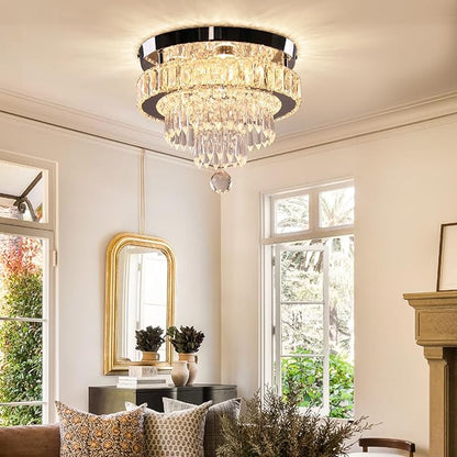 Finktonglan 11.8" Crystal Chandeliers, Modern Crystal Ceiling Light LED Small Chandeliers Semi Flush Mount Chandelier Room Light for Bedrooms Living Room Hallway (2700K Warm Light)