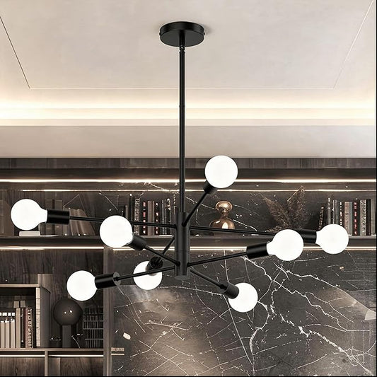 Sputnik Chandelier 8-Light, Mid Century Modern Height Adjustable Ceiling Light Fixture for Dining Room, Kitchen Island, Living Room,Bedroom-Black