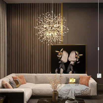 SineRise Modern Crystal Chandeliers Firework, Crystal Light Fixture, Dandelion Chandelier (8-Light, Gold) for Foyer Hallway Entryway Kitchen Bedroom with Plug in
