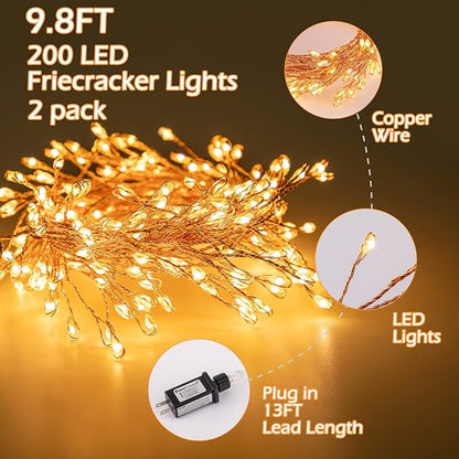 Fairy Lights Plug in, 10Feet 200LED Cluster String Lights, Copper Wire Waterproof Starry Firecracker Lights for Ceiling Bedroom Wreath Window Wedding Christmas Tree Decorations, Warm White, 2 Pack