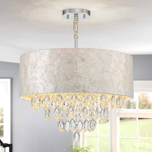4-Light Drum Capiz Shell K9 Crystal Chandelier, Coastal Style Pendant Light Fixture for Dining Room, Living Room, D17.7 x H21~68 inch (Adjustable), Clear Crystal & Chrome Finish