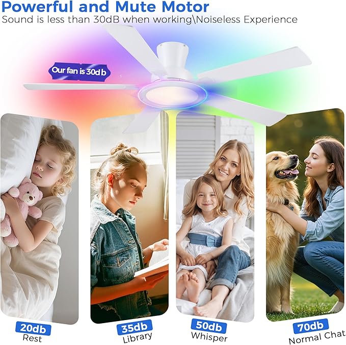Ayaoty White Ceiling Fan with Light Flush Mount - 52in Low Profile Ceiling Fan with RGB Light and 5 Reversible Fan Blades, LED 3CCT Dimmable, Modern Indoor Fan Light for Bedroom, Party, White