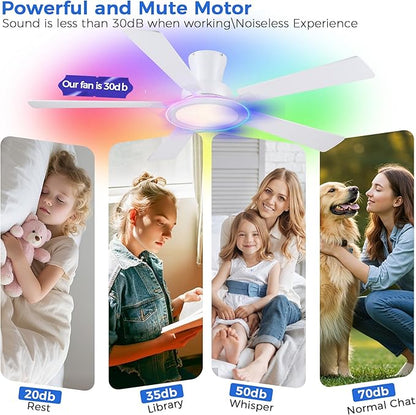 Ayaoty White Ceiling Fan with Light Flush Mount - 52in Low Profile Ceiling Fan with RGB Light and 5 Reversible Fan Blades, LED 3CCT Dimmable, Modern Indoor Fan Light for Bedroom, Party, White