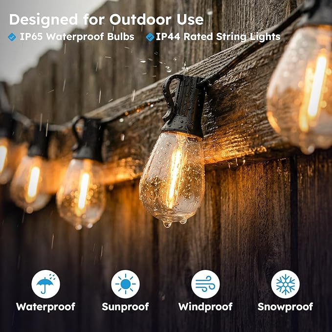 GvvooHome 50FT Outdoor String Light with S11 Plastic Bulbs, Low-Voltage LED Patio Lights with App & Remote, Music Sync, 4 Lighting Modes, Dimmable & Waterproof for Backyard, Porch, Garden, Deck, Party